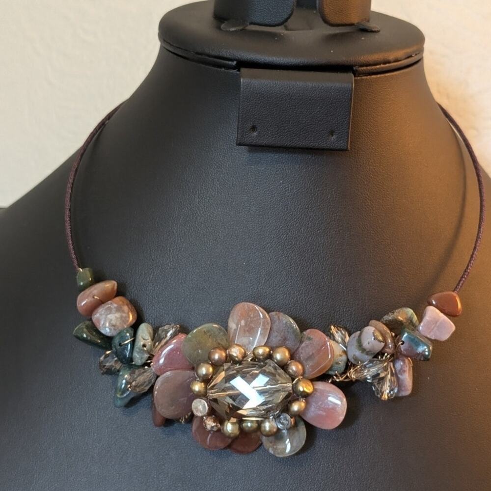 Handmade Wired Stone Flower Crystal Bead Wire Cord Collar Necklace - Picture 7 of 7